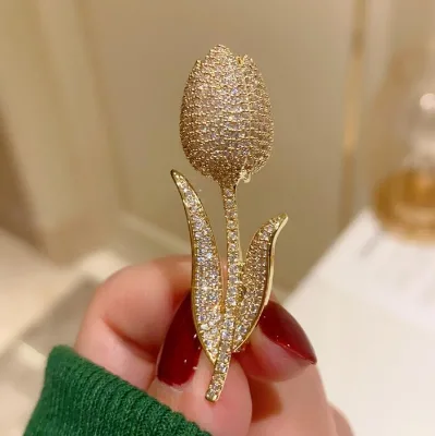 Fashion Rhinestone Tulip Brooches Pins Elegant Full Diamond Flower Wedding Cardigan Coat Pin Accessories Brooches Women