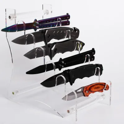 Acrylic Knife Display Stand, Holds 6 Pocket Knives, Transparent/Black, 14x15x8.4 Inches, Suitable for Knife Collection Display