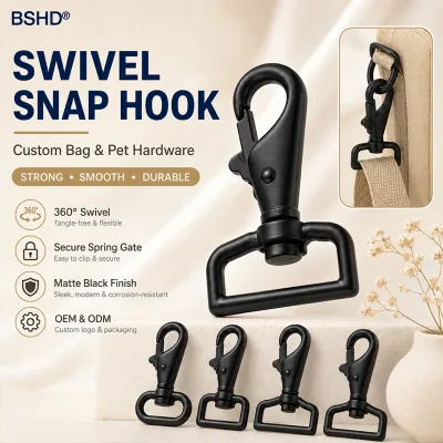 Wholesale Snap Hook 16/20/25/32mm Satin Black Pivot Joint with Flat Webbing Bar for Luggage Strap Assembly Bespoke Sizing Alloy