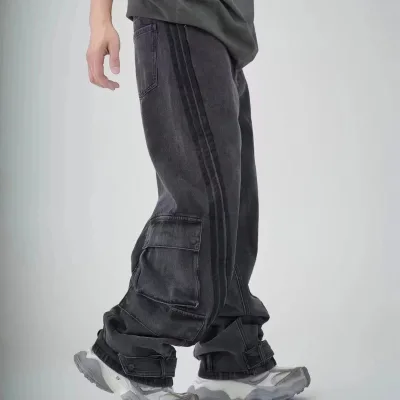 Cargo Style Mid Waist Denim Casual Pants with Belt Zippers Decoration 100% Cotton Breathable Eco-Friendly