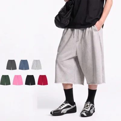 Wholesale Baggy Capri Shorts Plain Color Blank French Terry Shorts Raw Edge Oversized Shorts Unisex Private Label
