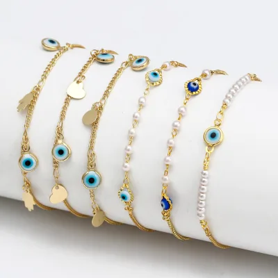 Gold Plated Evil Eye Charm Adjustable Bracelet Hamsa Hand Paperclip Charm Bracelets for Women Jewelry