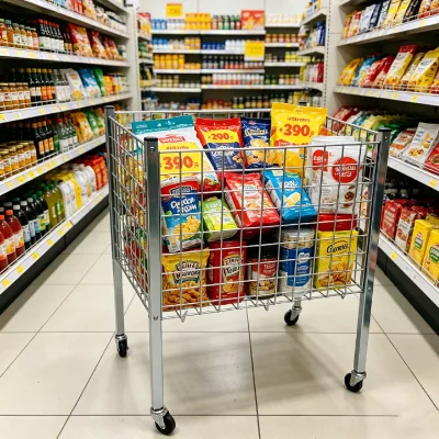 Metal Storage Bin Rolling Wire Mesh Shelf with Wheels Supermarket Promotional & Toy Storage Basket Display Stand