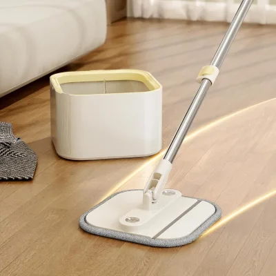 Stainless Steel Pole Self-Wringing Square Mop Bucket Set 2 Replaceable Heads Foldable Design Dual Water Tanks 360 Spins All