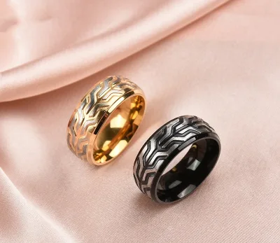 Vintage Style Black Embossed Tire Pattern Titanium Steel Gold Plated Ring Set for Men