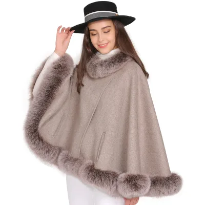 Ladies Design Wool Cape With Fur Wholesale Brown Ladies Double Face Real Fox Fur Trim Cashmere Cape Women