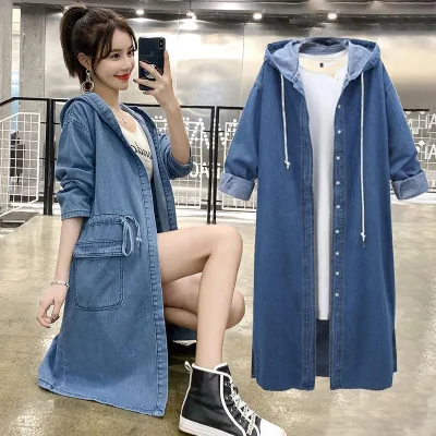 Plus Size Womens Hooded Long Denim Jackets Oversized Jeans Hoodie Windbreaker Trench Coat Casual Jacket