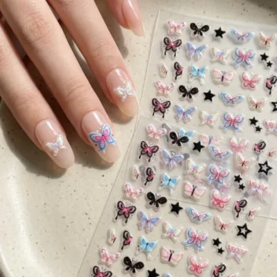 5D Embossed Mini Butterfly Nail Stickers Gradient Pastel Wings Star Coquette Y2K Self-Adhesive Nail Decals for DIY Manicure
