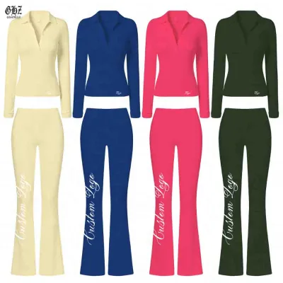 Tall Girl Friendly Fall Winter Ladies Custom Logo Two Piece Set Lapel V Neck Long Sleeve Flare Pants Multi Color Loungwear