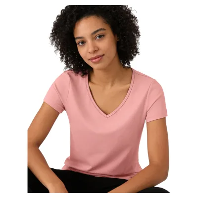 Wholesale Trending Dusty Pink Women's Tee V Neck Short Sleeve Basic Casual Tunic for Spring
