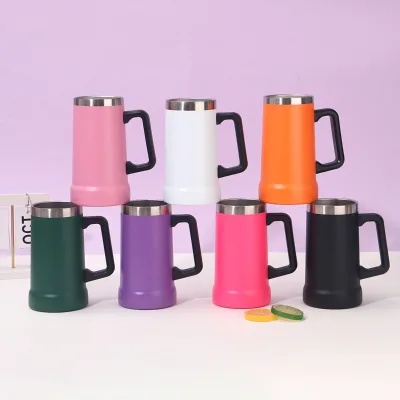 Factory 24oz 304 Stainless Steel Beer Stein with Big Grip Handle Double Wall Insulated Metal Tankard for Bar BBQ Camping Party