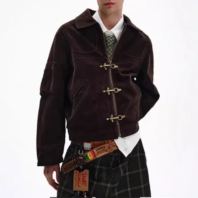 Deconstructed Stitching Airplane Buckle Short Jacket for Men and Women Retro Antique Vintage Suede Maillard Jacket Ins