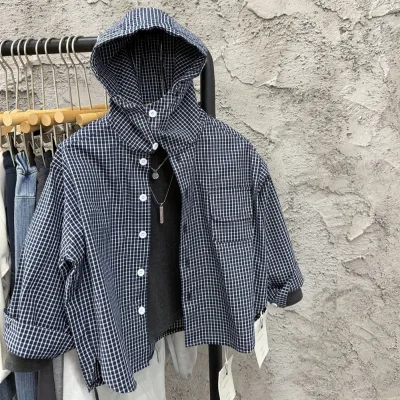 Kids Autumn-style Synthetic Fiber Blend Coat Navy Check Pattern Stylish Hooded Cardigan Suitable for Both Boys Girls