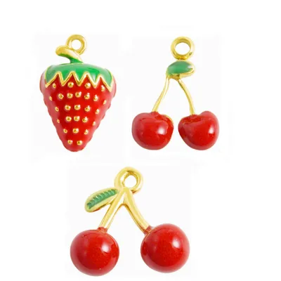 Stainless Steel Metal Gold Color Plated Cherry Pendant Strawberry Charm Enamel Color Cute Fruit Charms