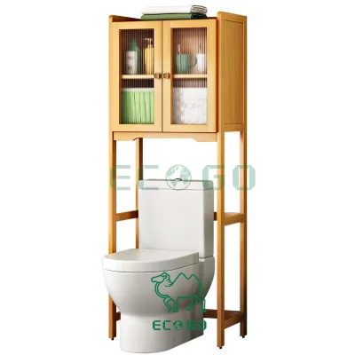 Premium, Eco - Friendly Bamboo Standing Display Shelf with Transparent Door - Ideal Bathroom Storage for Toilet Areas