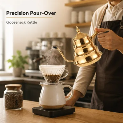 Stainless Steel Gooseneck Kettle Gold Brass Finish Beehive Body Handle Knob Pour Over Coffee Home Kitchen Gift Water Kettle