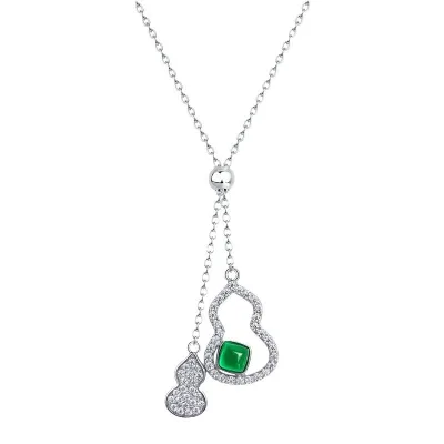 S925 Sterling Silver Gourd Pendant Necklace Green Emerald and CZ Y Chain for Women Wedding Gift