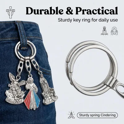 Wholesale 3-in-1 Catholic Keychain with Saint Michael, Divine Mercy & Fatima Medals, Religious Metal Keyring