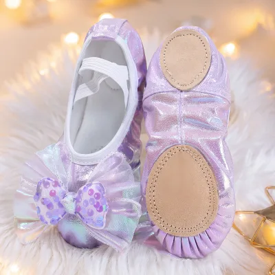 Girls Ballet Shoes Sparkly Bow Dance Slippers with Elastic Straps Split Sole for Stage Performance and Daily Dance Practice