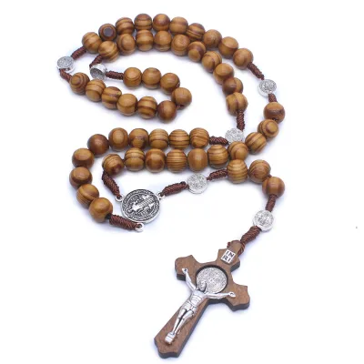 Catholic Rosary Necklace Handmade Wooden Cross Necklace Religious Jewelry