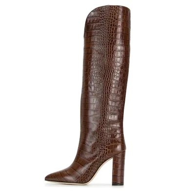 2020 Stylish Brown Crocodile Pattern Chunky High Heel Ladies Knee High Boots