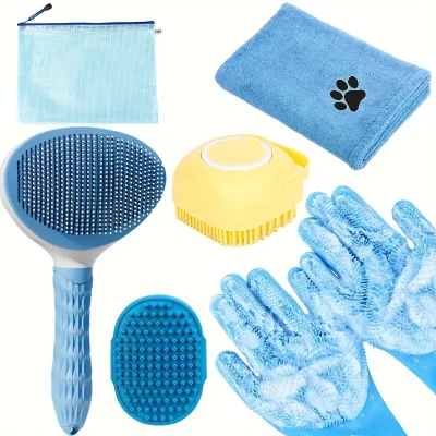 Hot 6-in-1 Bath Grooming Kit with Hair Brush, Towel and Scrubber Gloves Dog Grooming Kit Slicker Brush for Shedding Dogs