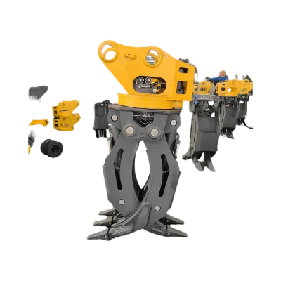 Tracked full-rotation log grabber, integrating loading, unloading and handling.
