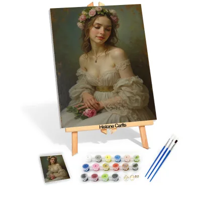 Modern Portrait Diy Oil Painting by Numbers 3d Beautiful Girl in White Dress Sit on the Seaside Pretty Picture