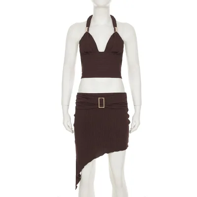 Metal Hanging Neck V-Neck Backless Strappy Vest Waist Buckle Slant Side Half Skirt Women's Two Piece Set
