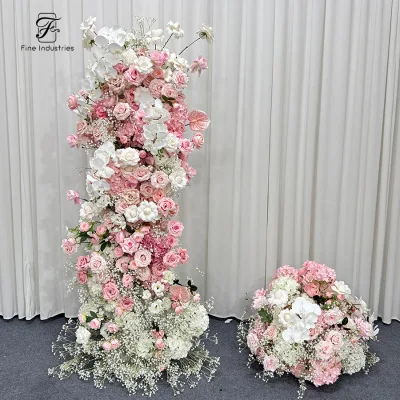Artificial Flower Column - Pink Silk Rose & Hydrangea - Tall Wedding Backdrop Stand for Ceremony Stage Decor