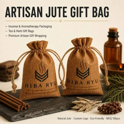 Custom Screen Printed Logo Brown Jute Burlap Drawstring Pouch with Hemp Rope Eco Luxury Candle Jewelry Gift Favor Packaging Bag