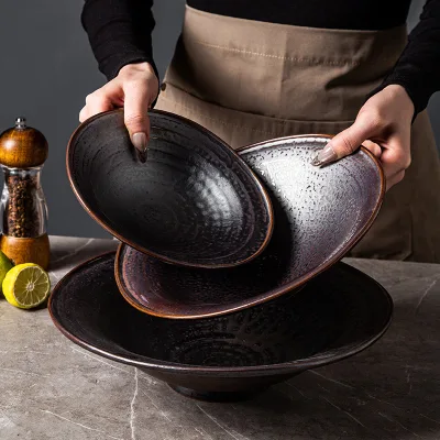 Hot Sale Japanese Retro Dinner Set Customizable Vintage Pottery Bowl and Plate for Home Hotel Restaurant Kitchenware Serving