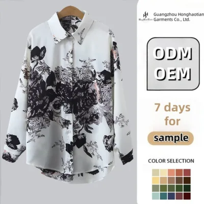 2024 Autumn New Korean Retro Minimalist Printed Long Sleeved Satin Shirt for Women