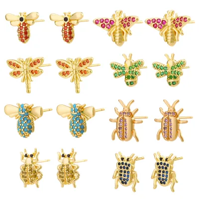 2022 Trendy Genuine 18K Gold Plated Mini Bee Zircon Stud Earrings Copper Women's Wedding Anniversary Gift Party Occasion
