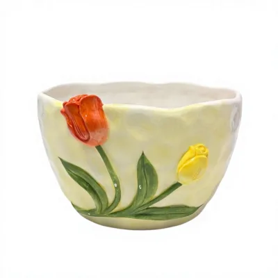 Ins Plant Tulip Three-dimensional Relief square Ceramic Bowl Hand-painted Instagram Style Creative Home Tableware Unique Design