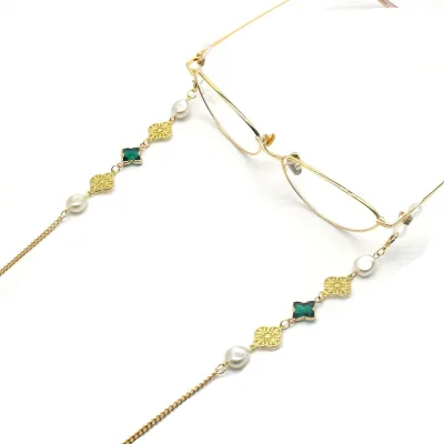 80cm European American Retro Instagram-style Hollow-carved Four-leaf Clover Crystal Pearl Alloy Mask Glasses Chain