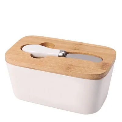 Customized logo Modern Restaurant Rectangle Ceramic Butter Dishes With Bamboo Lid and Butter Cutter