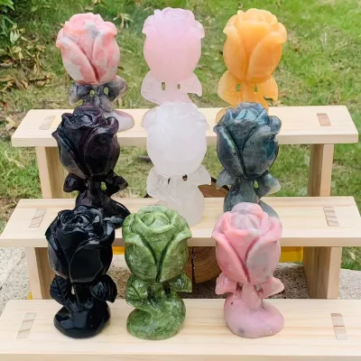 Hot Sale Natural Rose Quartz Flower Carving Crystal Healing Stones Obsidian Rose Carving for Crystal Crafts Valentine Gift