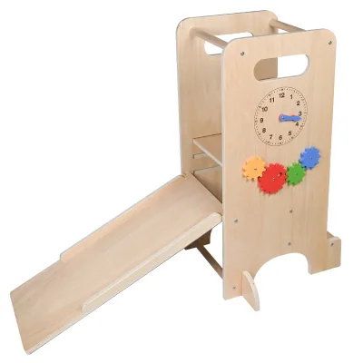 Montessori Foldable Learning Standing Tower with Blackboard, Toddlers Anti-tip Structure Design Wooden Kitchen Step Helper Stool