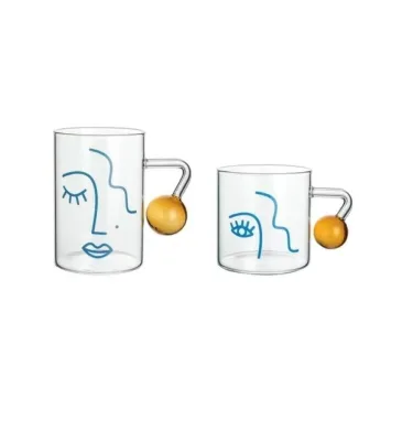 Abstract Smiling Face Print Glass Mug Creative Amber Ball Handle High Borosilicate Art Decor Coffee Drinking Cup for Home Bar