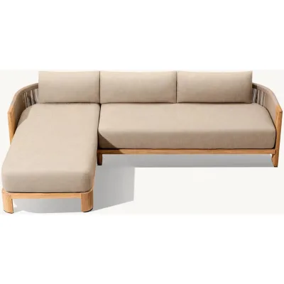 High End Modern Left Arm Sectional Teak Frame Barrel Back Profile Reeded Accent Outdoor Garden Sofa Set