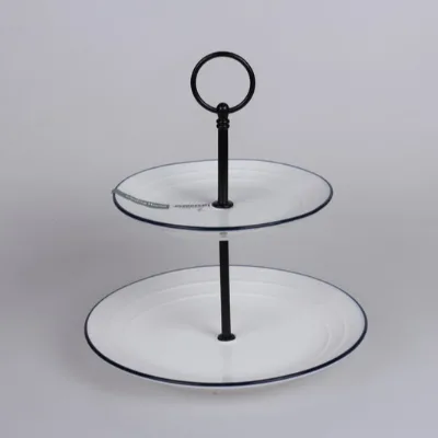 High Quality Party Wedding Used Hand Painted Blue Line Porcelain Dessert Cake Plate Ceramic 2 Tier Cake Stand