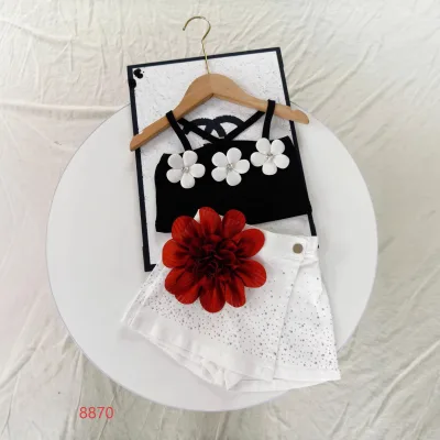 Cross-border Europe and America Style Girls Solid Color Cotton Softened Suspender Top Fold Skirt Two-Piece Set Bag Belt