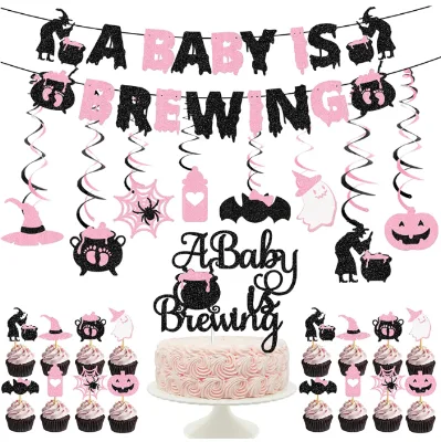 Pink a Baby Is Brewing Flag Banner Hanging Swirls Cupcake Toppers H for Halloween Baby Shower Girl Birthday Party Decor Supplies