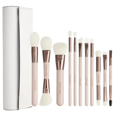 Custom Logo 11Pcs Makeup Brushes Set Nude Pink Rose Gold Ferrule Premium Synthetic Hair Cosmetic Brushes Eye Eyebrow Pencil