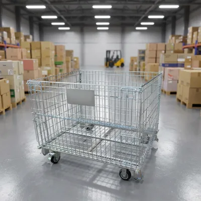 Heavy Duty Galvanized Steel Wire Storage Cage Pallet Container With Peaked Lid Half Gate Sliding Feet for Industrial Logistics