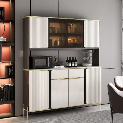 Sintered Stone Sideboard with Glass Doors Wine Cabinet Walnut Buffet Storage Drawers Gold Legs for Dining Room Kitchen Aparador