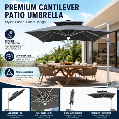 Grey Powder Coated Aluminum Frame Retractable Awning Umbrella Waterproof Durable Features Modern Design for Outdoor Restaurant