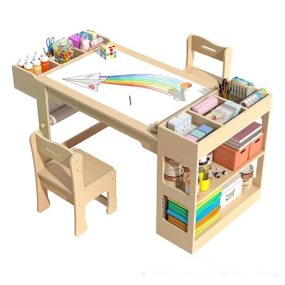 Large Wooden Kids Art Table With Storage Shelves Paper Roll Holder And Chair For Creative Drawing And Craft Activities