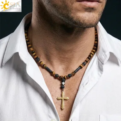CSJA Hot Selling Rosary Jewelry Energy Natural Stone Black Onyx Tiger Eye Beads Cross Pendant Beaded Necklace for Men H864